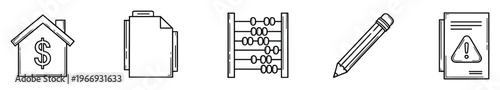 Financial planning and education line icons featuring house with dollar sign, stacked documents, abacus for calculation, a writing pencil, and an alert document for important notices.