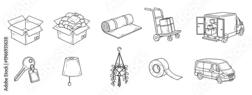 Moving objects outline collection featuring cardboard boxes, delivery vans, hand truck, and essential packing supplies, ideal for relocation guides, real estate services, or logistics