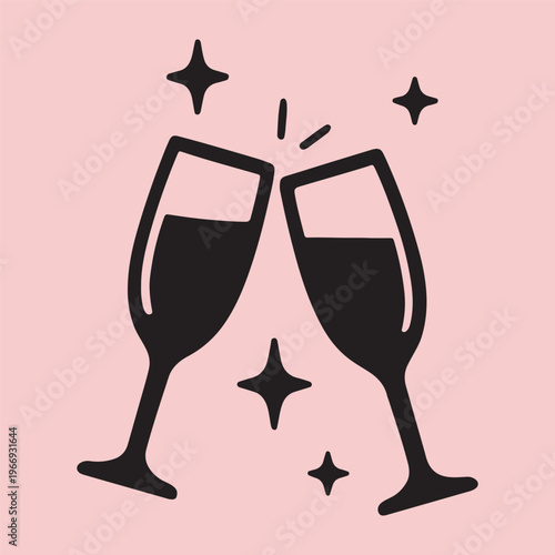 A minimalist illustration of two wine glasses clinking together in celebration silhouette