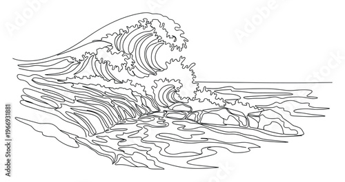 Dynamic ocean wave crashing against shoreline rocks in a minimalist single line drawing style, perfect for modern nature themes, marine environment projects, and serene beach atmosphere