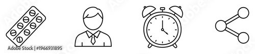 Outline icons set featuring medical pills blister pack, professional person wearing tie, classic alarm clock showing time, and modern social network share symbol for various digital and
