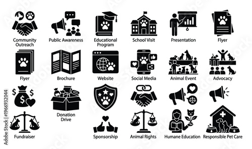 Essential animal welfare vector icons for pet advocacy, humane education, community outreach, and fundraising initiatives, perfect for web and print media solutions