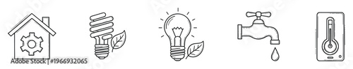 Line drawing icons for smart home energy management, water conservation, and temperature control, ideal for sustainability projects and household efficiency infographics