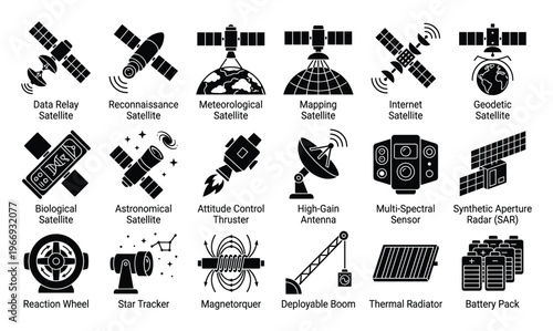 Comprehensive collection of satellite types and essential spacecraft components illustrating advanced space technology and aerospace engineering for educational and scientific design
