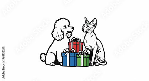 Dog and cat sit with colorful gift boxes