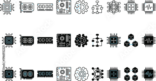 artificial intelligence hardware icons cpu gpu motherboard neural network blockchain chip technology vector illustration set modern design