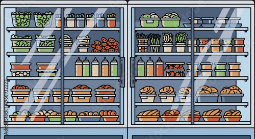 Double door refrigerator stocked with various food items