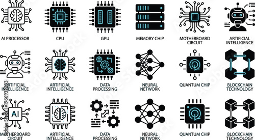 artificial intelligence hardware icons set cpu gpu memory chip neural network blockchain quantum processor vector illustration labeled design