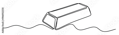 Continuous line graphic depicting a rectangular metal ingot resting on a dynamic wavy line, symbolizing finance, wealth, and stable investment, useful for financial industry marketing