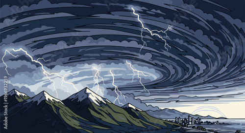 Dramatic storm with lightning strikes over snow-capped mountains and a distant city