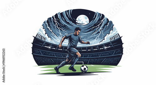 Dramatic soccer match unfolds under a stormy moonlit sky