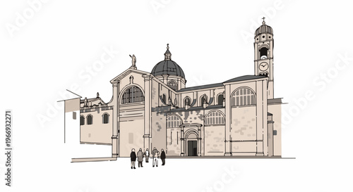 Drawing of a grand cathedral with a prominent dome and clock tower