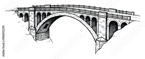 Historic stone arch bridge drawing featuring multiple spans and railings spanning a wide gap, perfect for architectural history presentations or infrastructure project visualization.