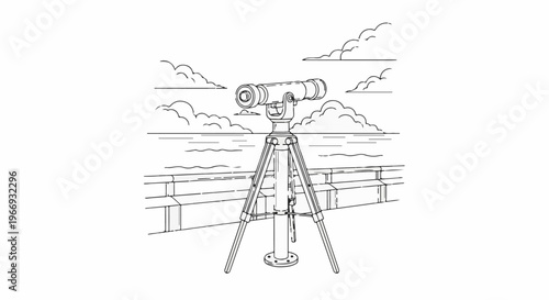 Drawing of a telescope on a tripod overlooking the sea and sky