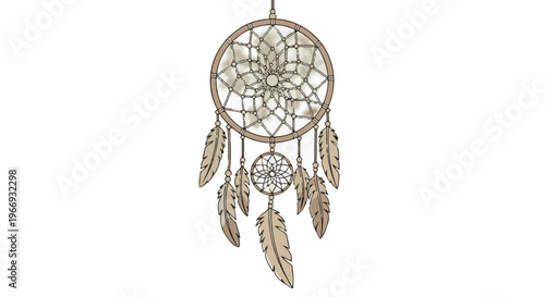 Dream catcher with intricate web and hanging feathers, traditional craft