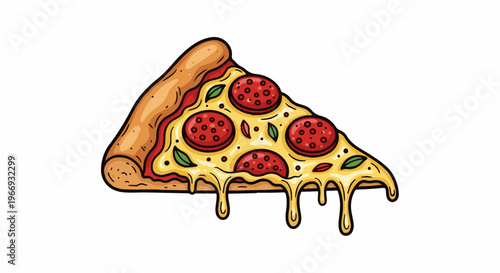 Dripping pepperoni pizza slice with basil and sauce, cartoon style