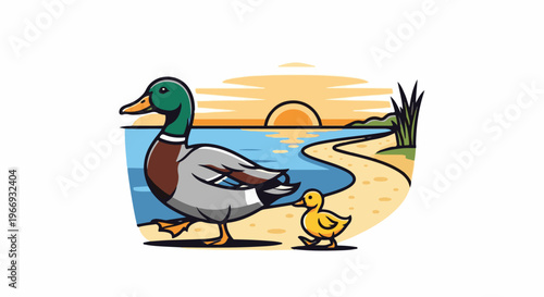 Duck and duckling walk on a sandy beach by the water at sunset