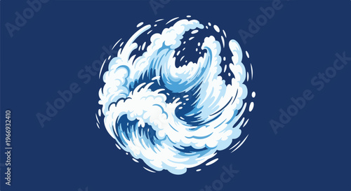 Dynamic blue and white swirling waves burst forth from a dark blue background