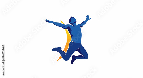 Dynamic blue silhouette of a person jumping with arms outstretched, against a yellow abstract shape
