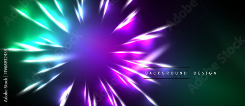 Vibrant abstract explosion. Purple center radiates bright green, pink light streaks against dark background. Modern design element.