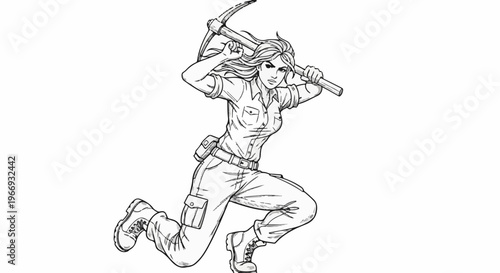Dynamic female adventurer with pickaxe mid-stride, determined expression