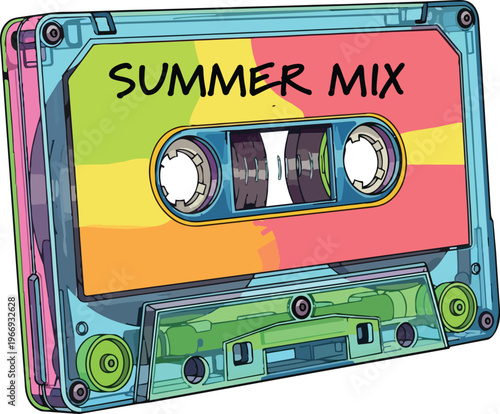 Nostalgic 90s Retro Style Cassette Tape with Vibrant Neon Colors and Handwritten Summer Mix Title on Paper Label Representing Vintage Music Culture and Party Vibe