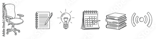 A collection of essential hand drawn line icons representing a functional workspace for productivity learning and effective communication for business education and office concepts