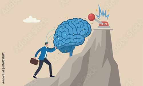 Turn on brain, smart boulder uphill mountain peak emotional intelligence, mindset, wisdom and knowledge concept, smart businessman genius turn on switch on his own brain