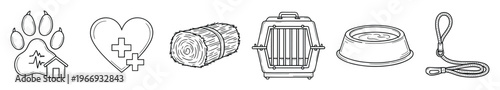 Black and white vector line icons illustrating essential pet care supplies, veterinary services, and farm animal needs for educational content or commercial advertisements