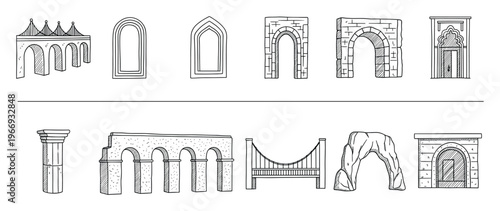 Hand drawn architectural structures and building elements including various arches aqueducts columns and bridges useful for historical educational or construction related graphic projects
