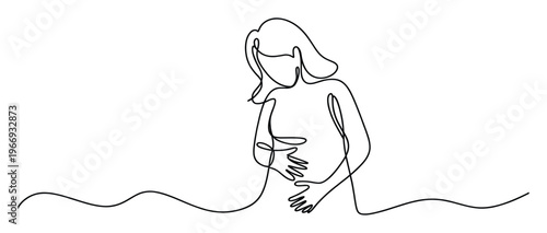 Continuous line drawing of a pregnant woman gently holding her belly, symbolizing maternal love and expectation, ideal for healthcare or familyrelated advertising campaigns.