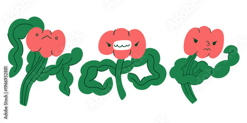Collection of funny red flowers with green musky leaves, boxing plant, dancing flower, grinning aggressive character