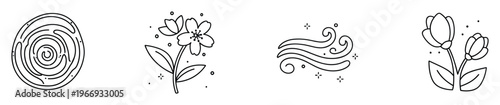 Modern black line icons depicting a concentric labyrinth, a delicate blossom with leaves, dynamic air waves, and decorative floral buds, suitable for nature themes, springtime marketing,