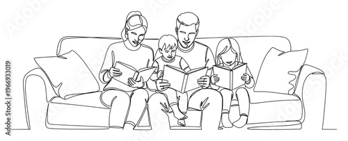 A happy family of four including parents and two children is enjoying quiet time together by reading books on a comfortable sofa, perfect for concepts of education, literacy, and bonding at