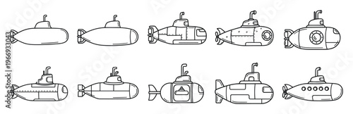 Collection of submarine icons depicting various underwater exploration vehicles perfect for navy game interfaces, marine science educational materials, or ocean adventure website assets.