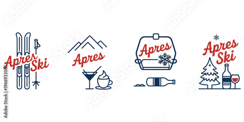 Apres Ski Icons With Ski Gear Drinks Mountains and Snowflakes Keywords: apres ski, snowboard, ski poles, ski boots, mountains