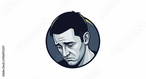 Distressed man's portrait with downcast eyes and furrowed brow
