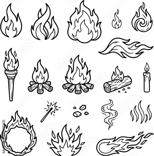 Fire flames set Fire flames vector set, flame icons line art collection isolated on white