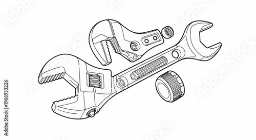 Disassembled adjustable wrenches with coiled spring and adjustment knob