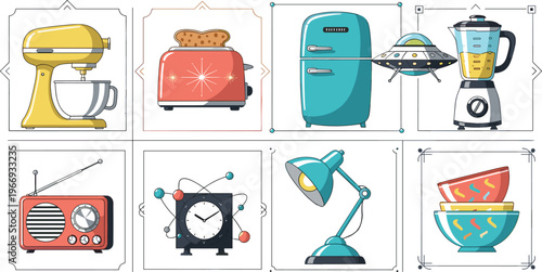 Retro Home Appliances and Household Items Collection Featuring Mixer, Toaster, Refrigerator, Blender, Radio, Lamp and Kitchenware Vector Illustration Set