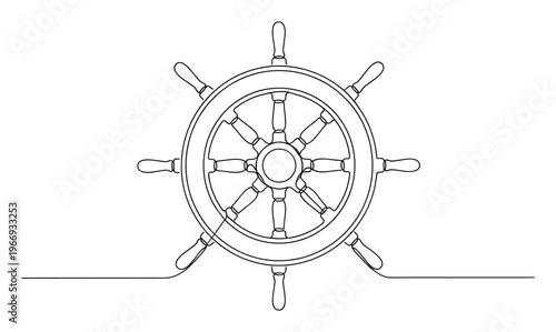 Continuous line drawing of a classic ship wheel symbolizing navigation and control perfect for maritime business logos travel brochures and ocean adventure themed graphic materials