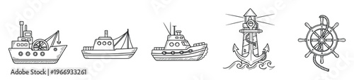 Line drawing collection of nautical symbols featuring different boat types, a lighthouse integrated with an anchor, and a classic ship steering wheel, ideal for maritime themed adventure