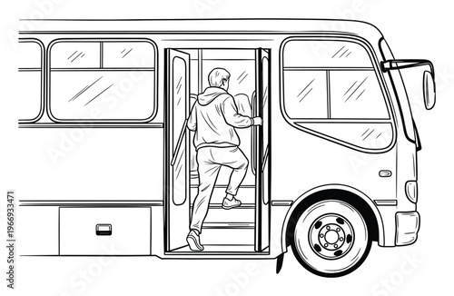 A male passenger in a hooded sweatshirt is actively boarding a public transportation bus, representing daily urban commuting and city travel, ideal for promotional and educational materials