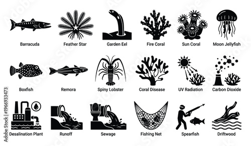 Collection of marine life and ocean ecosystem environmental issues icon set provides essential graphic symbols for educational presentations and conservation awareness campaigns
