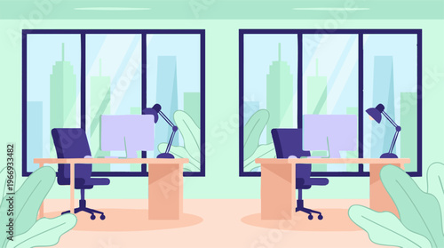 Modern office interior with two workstations, computers, and city view