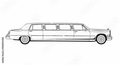 Detailed line drawing of a long, classic, six-door stretch limousine on a white background