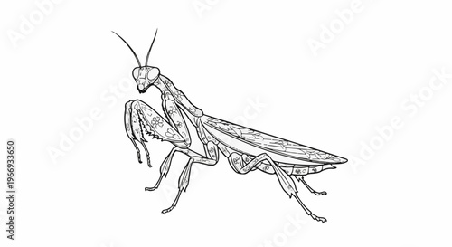 Detailed line drawing of a praying mantis with intricate floral patterns