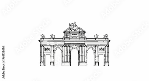 Detailed sketch of a grand triumphal arch with multiple arches and statues