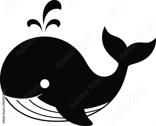 Simple black silhouette of a whale swimming in the ocean with water spout.