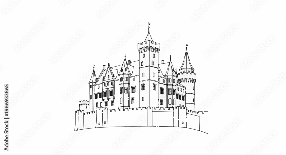 Fototapeta premium Detailed line drawing of an imposing medieval castle with multiple towers and crenellated walls